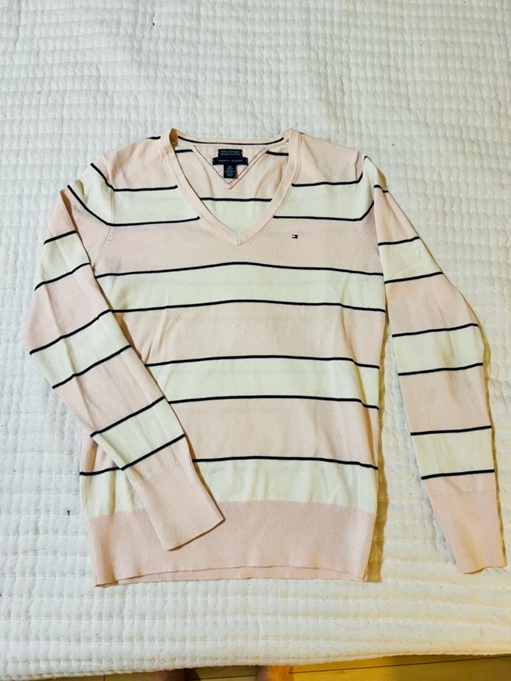 Tommy Hilfiger Pastel Pink & Cream Striped V-Neck Sweater